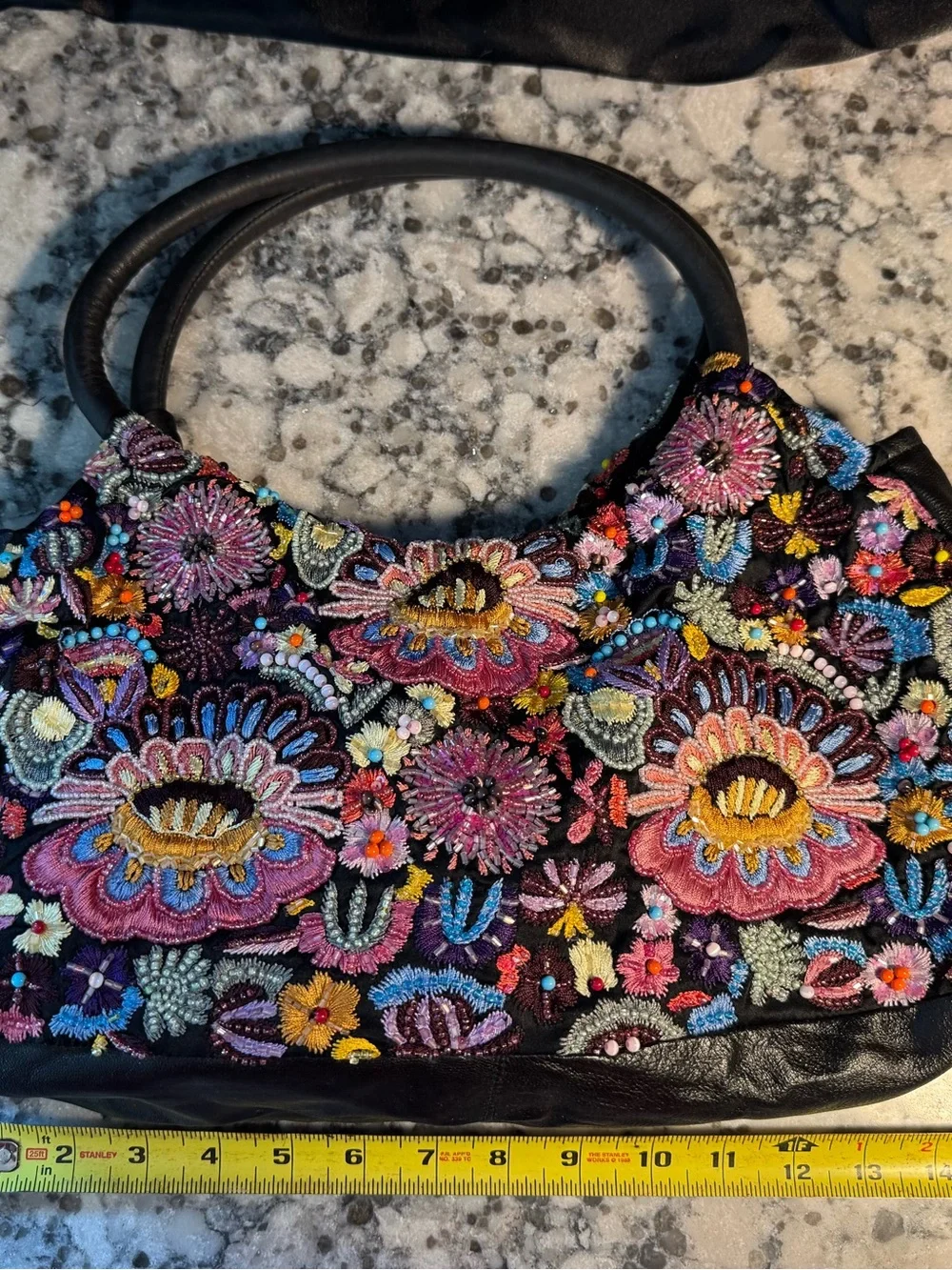 SANTI Black Embroidered Floral Hobo Bag with Multicolor Beading
